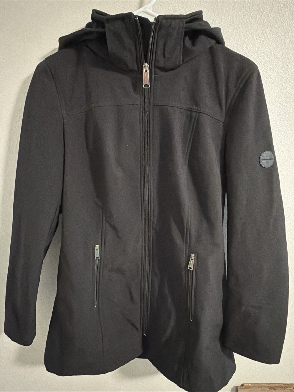 Andrew Marc Jacket Womens Small Black Hooded Full Zip Mid Length Coat Pockets